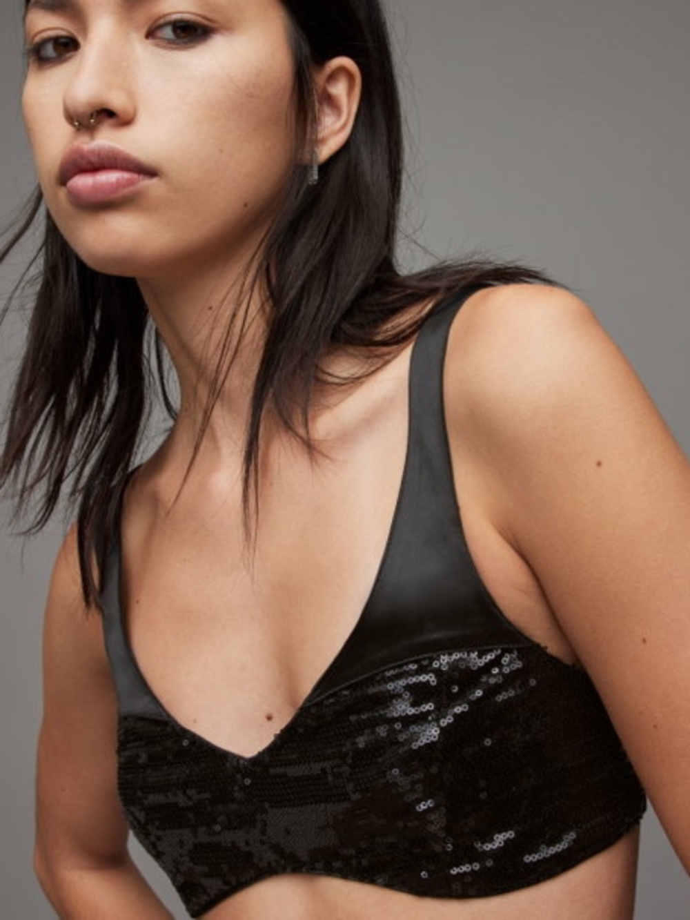 NWOT AllSaints Black Sequin Satin Bralette, Sz US 6